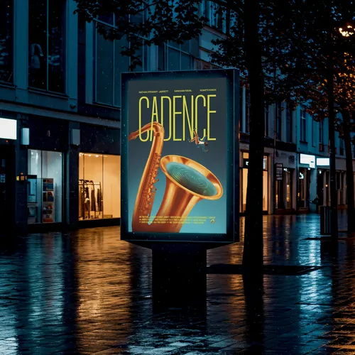 Music poster with saxophone and 'CADENCE' text on city street by Andrei Nicolescu