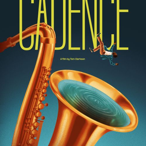 Film poster for Cadence showing a large saxophone and a person on the bell by Andrei Nicolescu