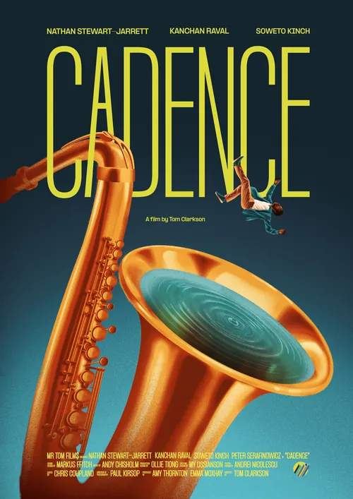 Film poster for Cadence showing a large saxophone and a person on the bell by Andrei Nicolescu