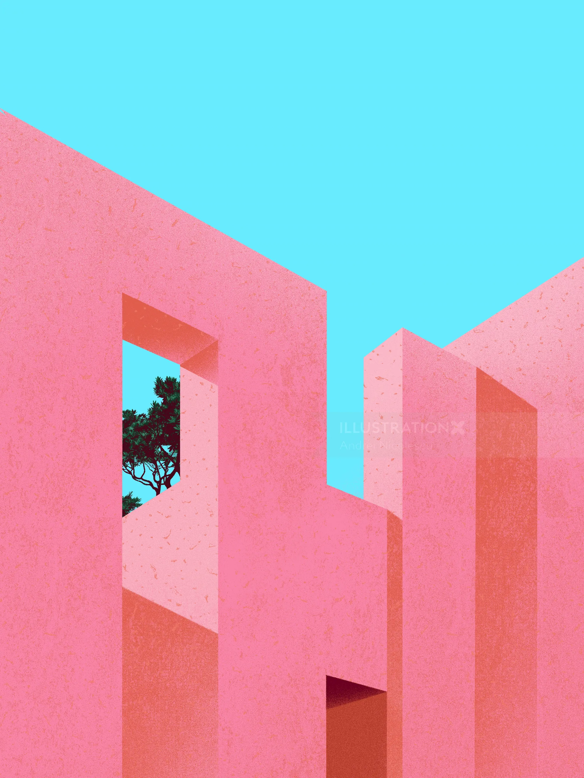 Pink geometric building structures under bright blue sky by Andrei Nicolescu