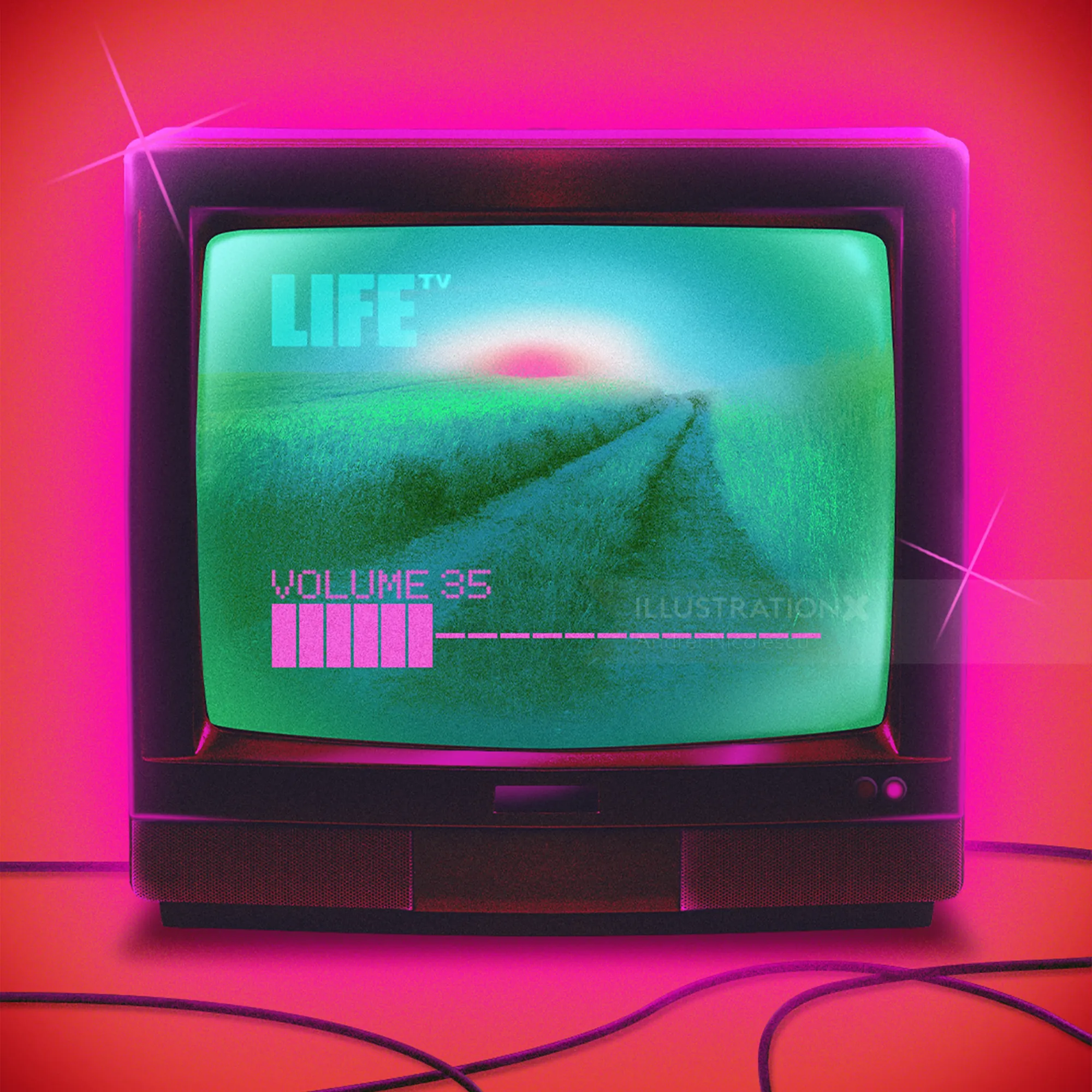 Retro TV screen showing green landscape with dirt road by Andrei Nicolescu