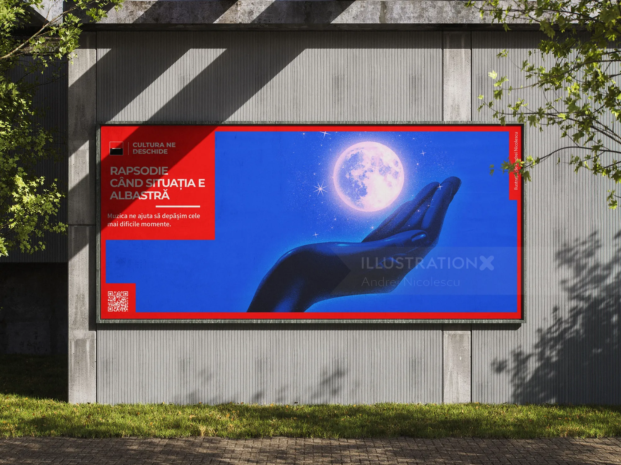 Billboard with hand holding full moon artwork by Andrei Nicolescu