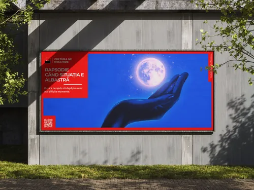 Billboard with hand holding full moon artwork by Andrei Nicolescu