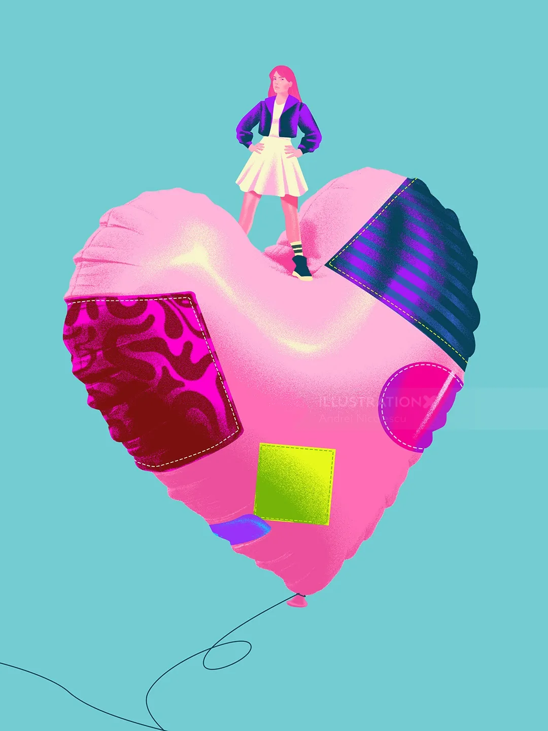 Woman standing on a decorated heart-shaped balloon by Andrei Nicolescu