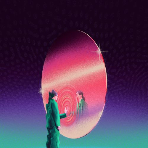 Surreal image of person in green looking at glowing red spiral reflection in mirror by Andrei Nicole