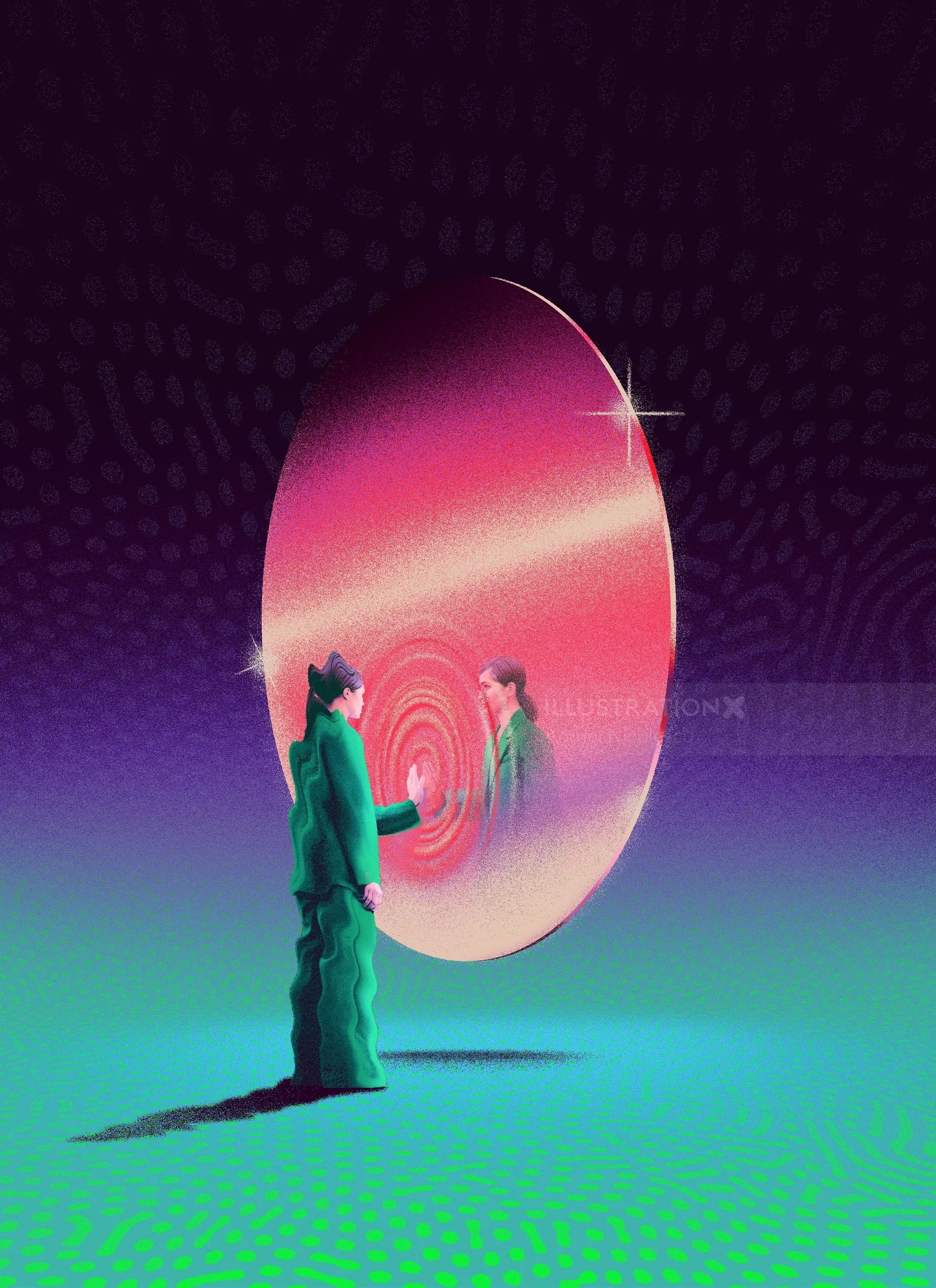 Surreal image of person in green looking at glowing red spiral reflection in mirror by Andrei Nicole