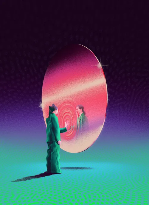 Surreal image of person in green looking at glowing red spiral reflection in mirror by Andrei Nicole