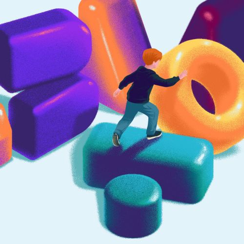 A person navigating colorful 3D geometric shapes by Andrei Nicolescu