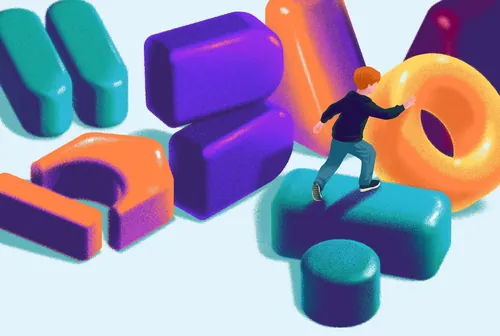 A person navigating colorful 3D geometric shapes by Andrei Nicolescu