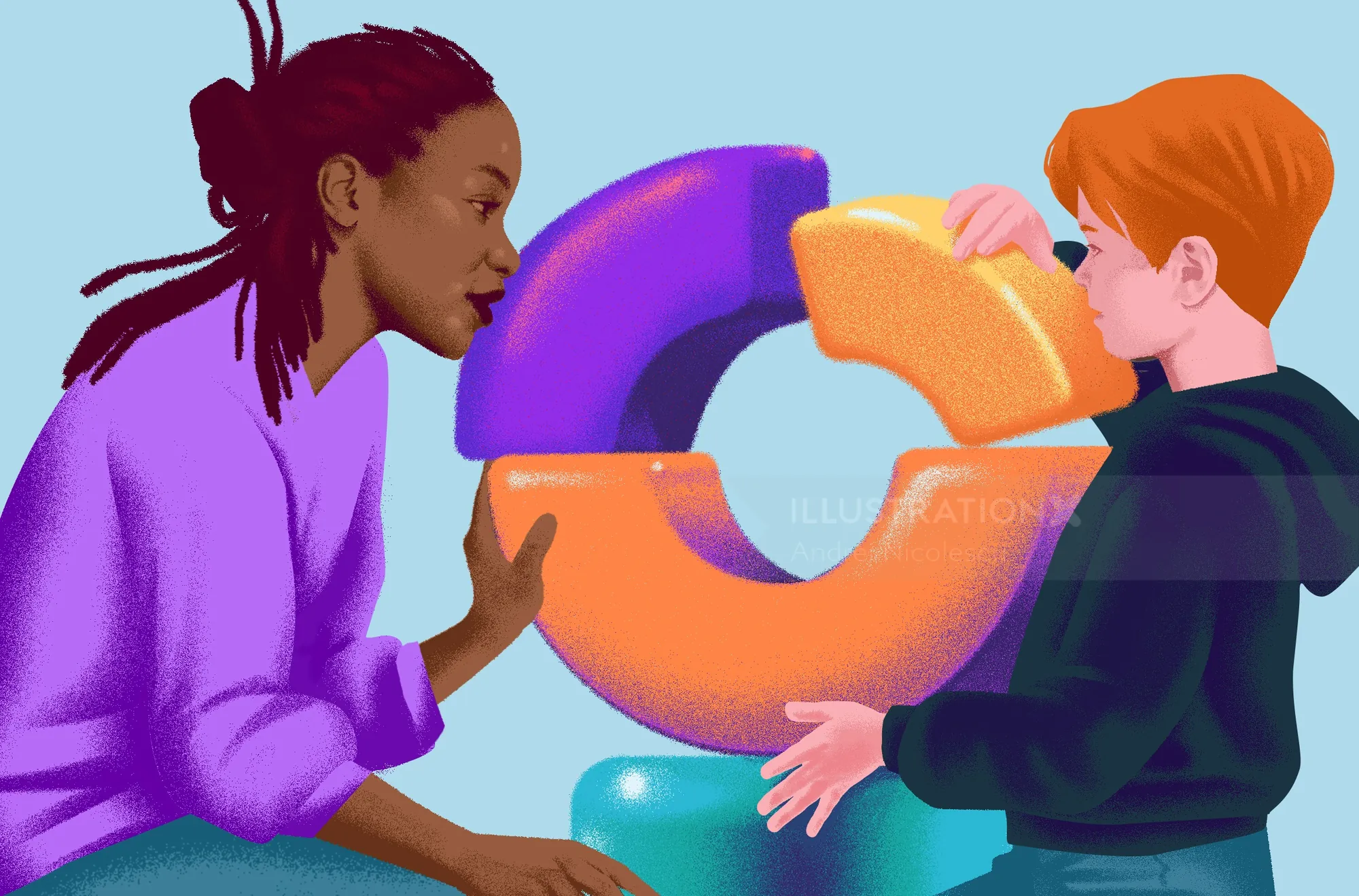 Woman and child examining colorful abstract sculpture by Andrei Nicolescu
