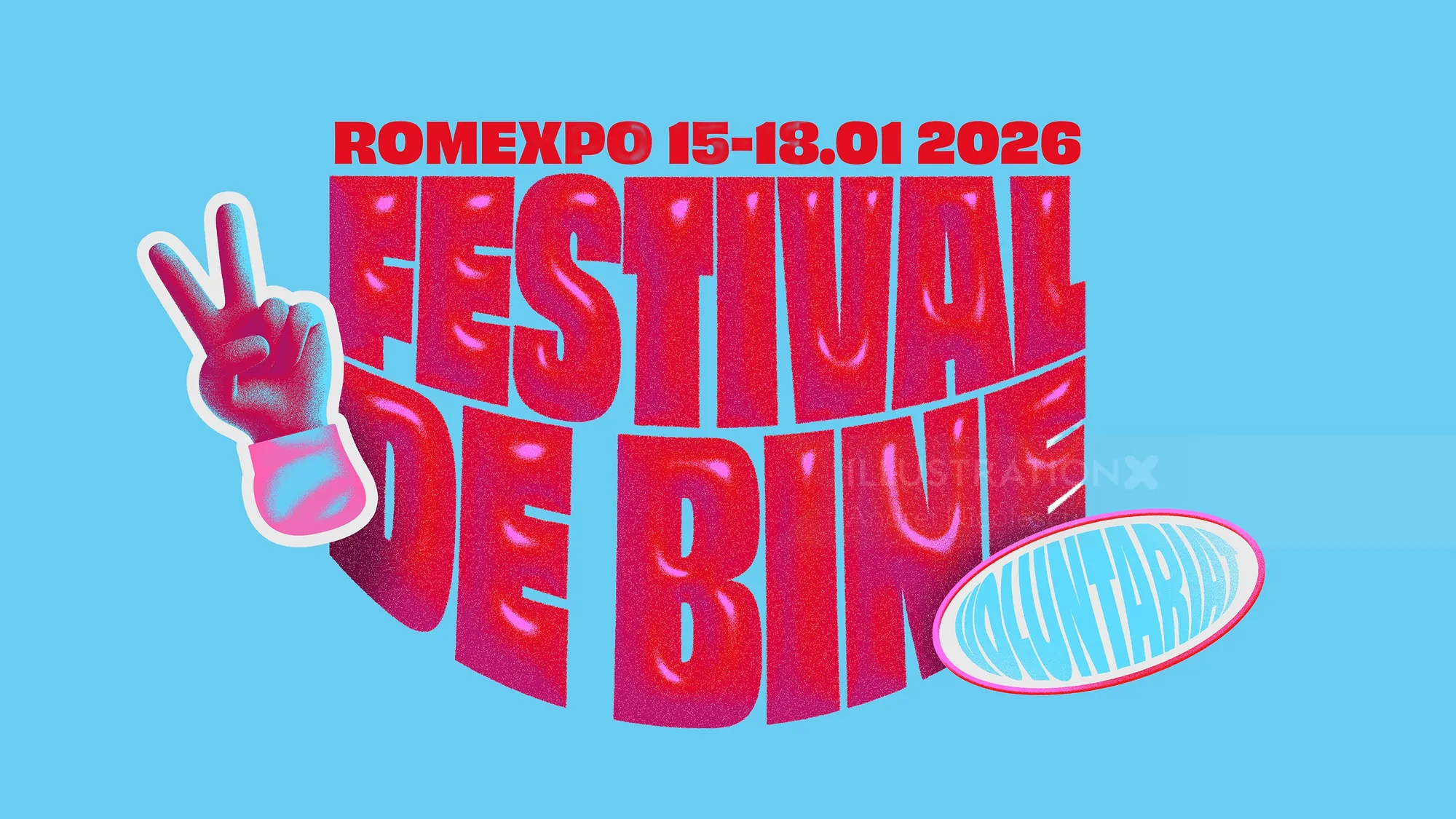 Romexpo Festival de Bine 2026 poster with bold red text and peace sign hand by Andrei Nicolescu