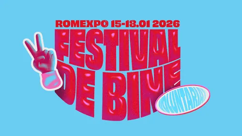 Romexpo Festival de Bine 2026 poster with bold red text and peace sign hand by Andrei Nicolescu