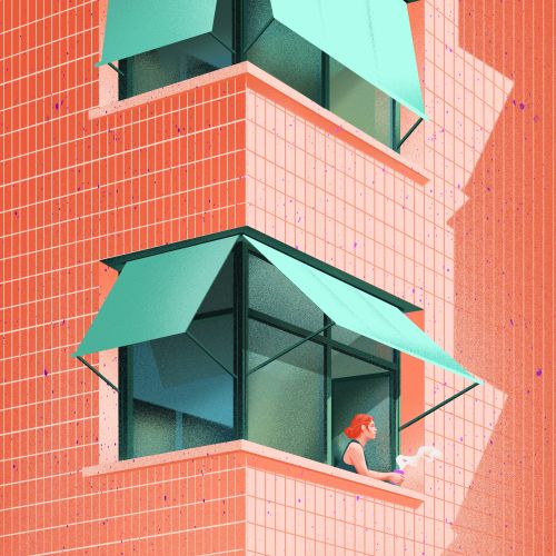 Green awnings on a modern building with a woman looking out window by Andrei Nicolescu