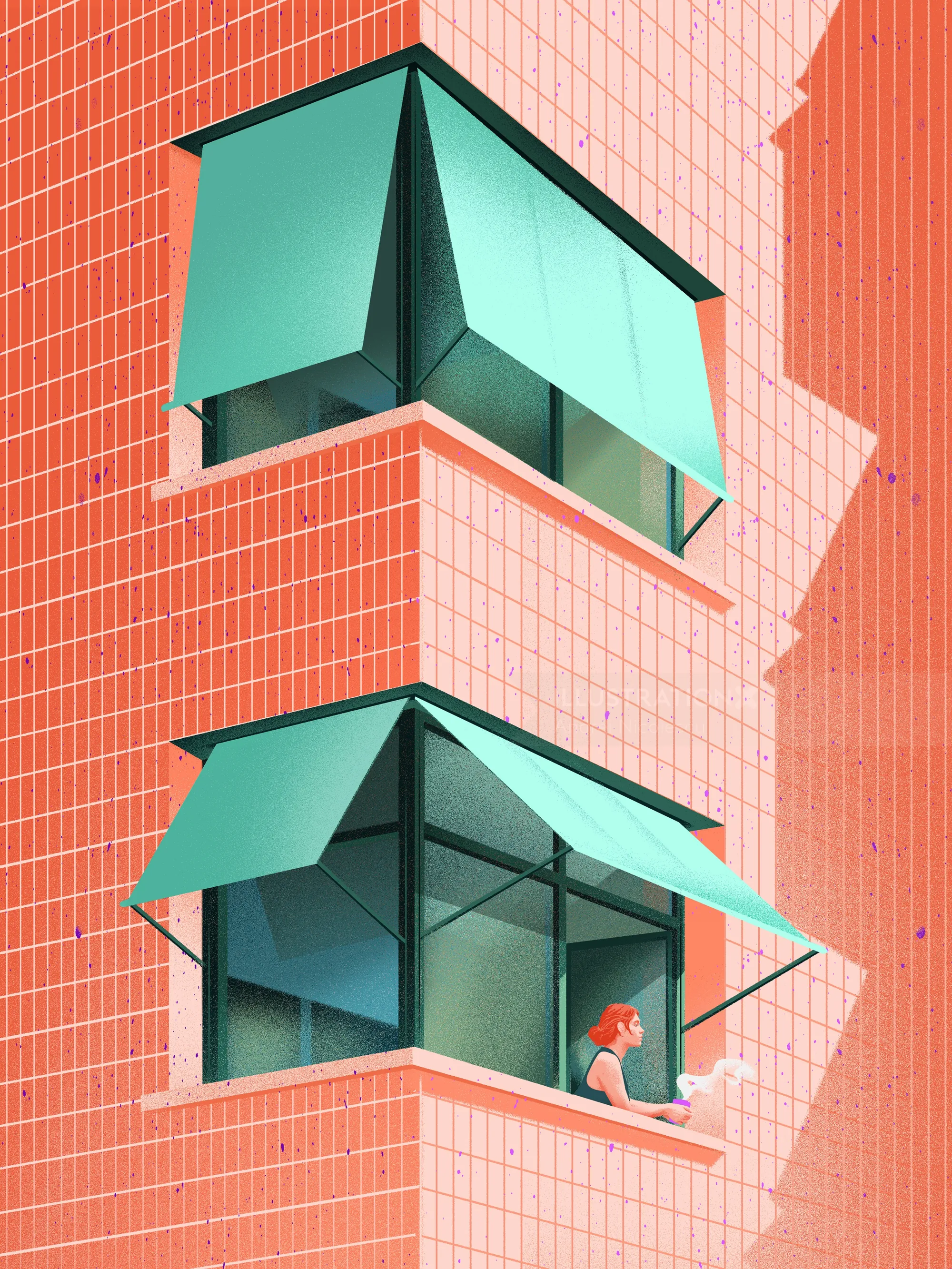 Green awnings on a modern building with a woman looking out window by Andrei Nicolescu
