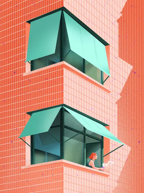 Green awnings on a modern building with a woman looking out window by Andrei Nicolescu