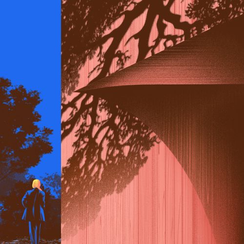 Figure walking by curved wooden structure with tree shadows by Andrei Nicolescu