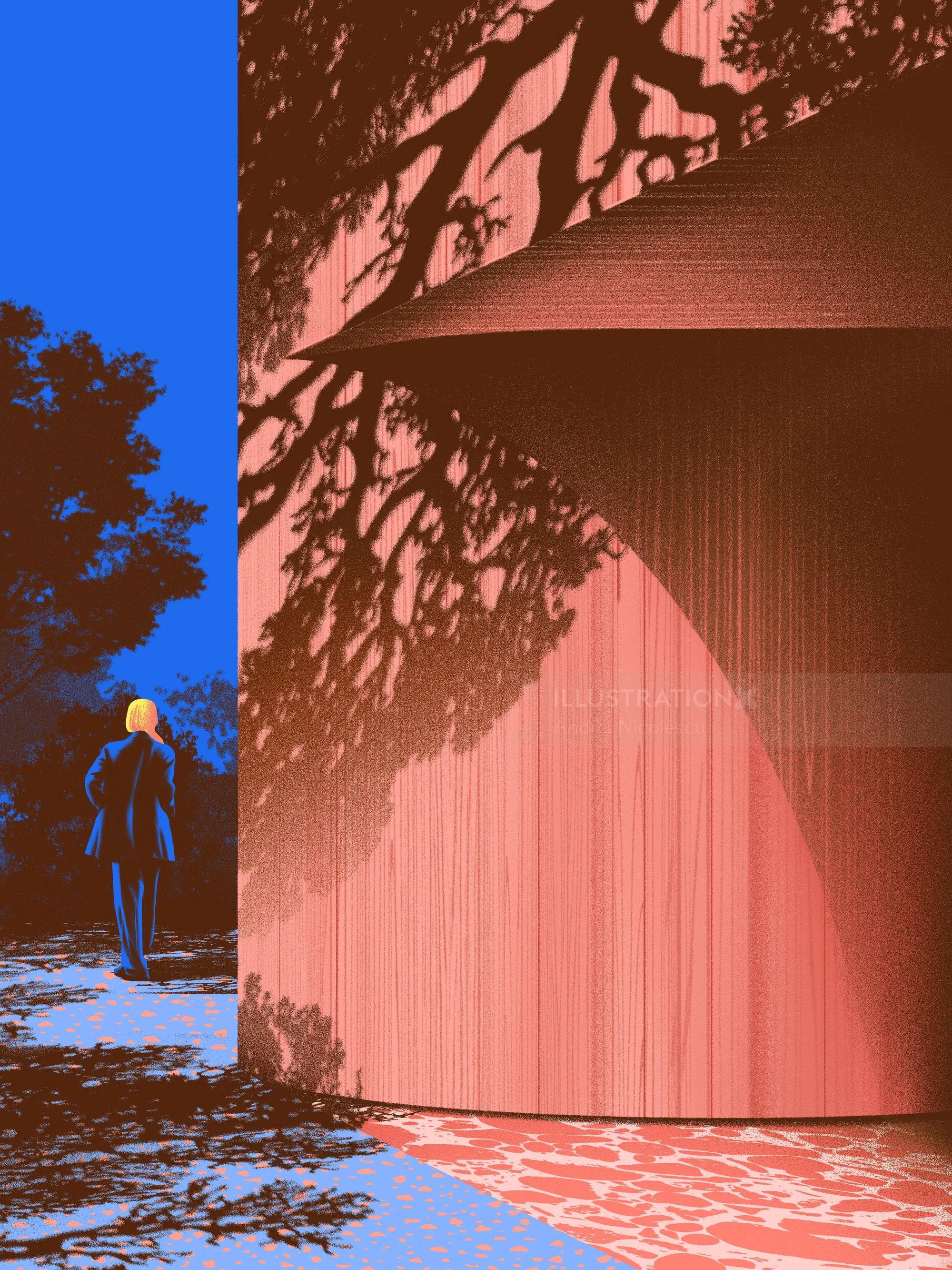 Figure walking by curved wooden structure with tree shadows by Andrei Nicolescu
