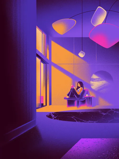 Mulher lendo em ambiente interno com iluminação vibrante e colorida por Andrei Nicolescu