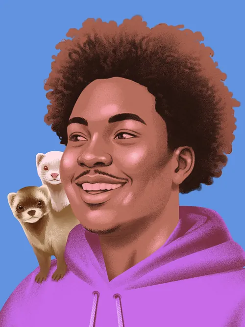 Digital portrait of a smiling young man with two ferrets by Andrei Nicolescu