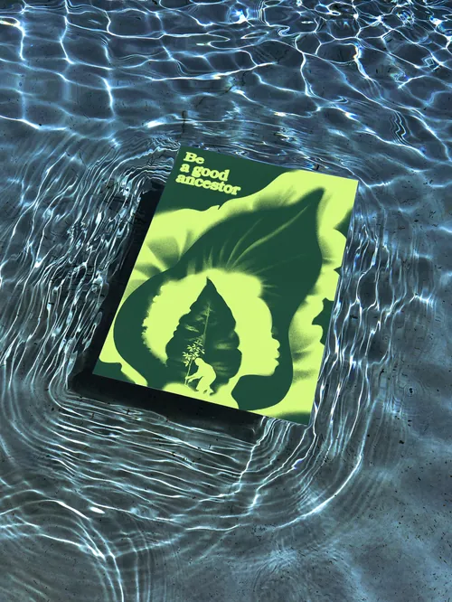 Andrei Nicolescu image of Be a Good Ancestor book floating in blue water