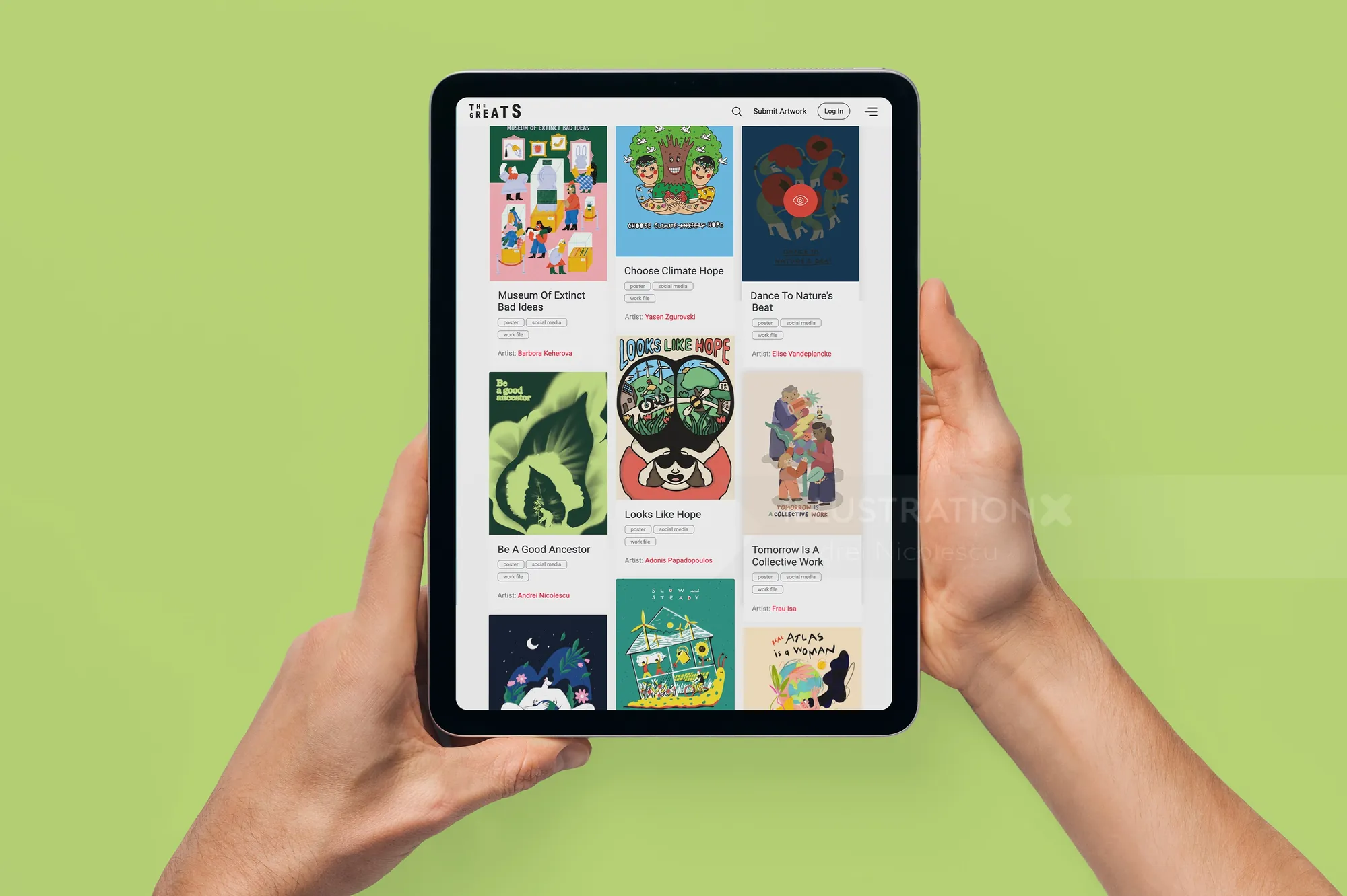 Andrei Nicolescu artwork displayed in a tablet held against a green background