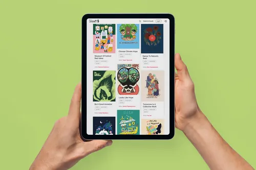Andrei Nicolescu artwork displayed in a tablet held against a green background