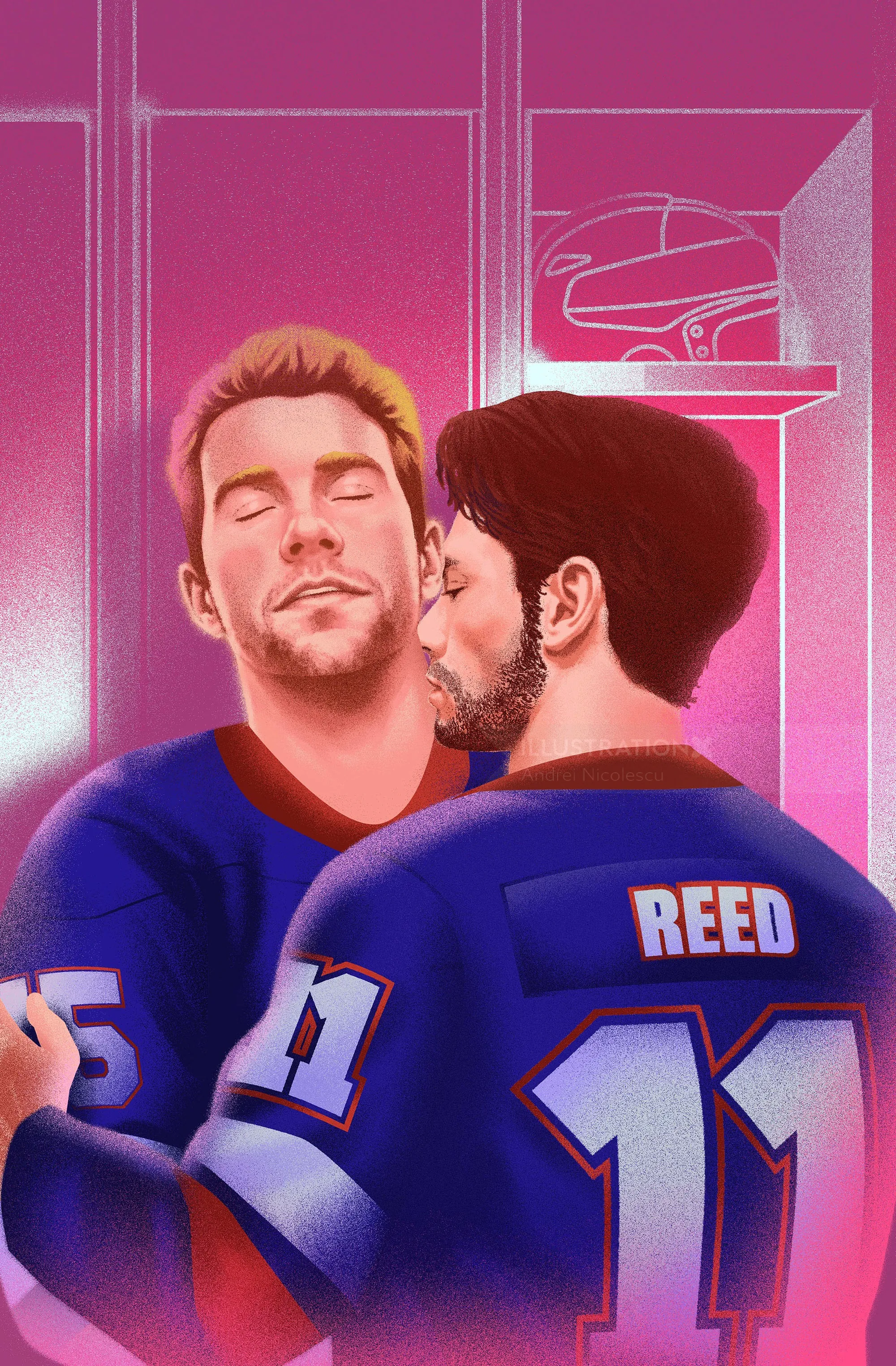 Andrei Nicolescu illustration of two hockey players sharing a kiss