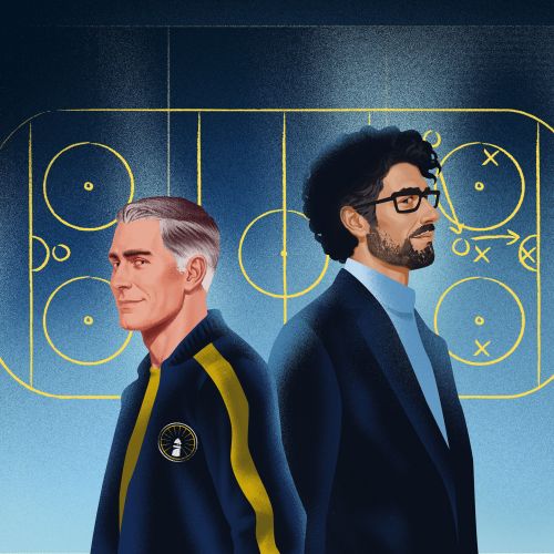 Illustration by Andrei Nicolescu showing two men before a blue geometric background