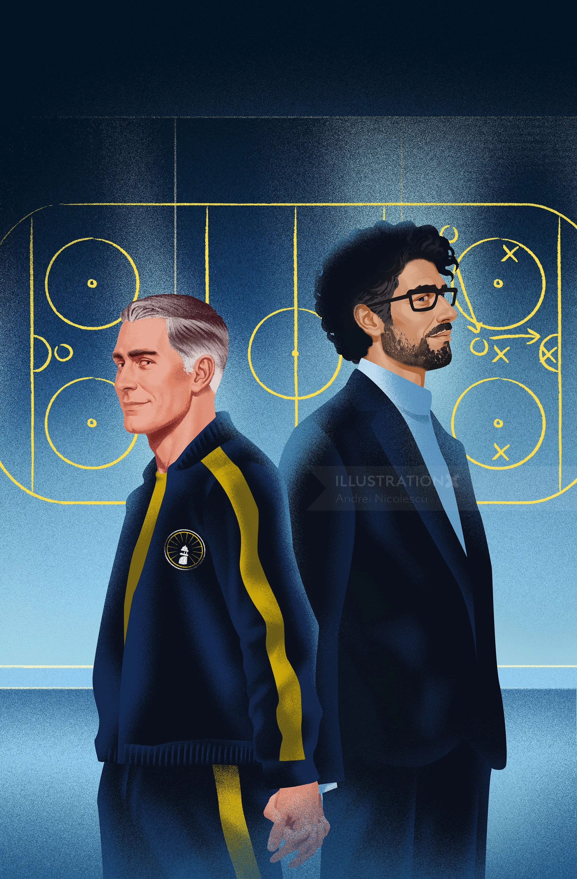 Illustration by Andrei Nicolescu showing two men before a blue geometric background