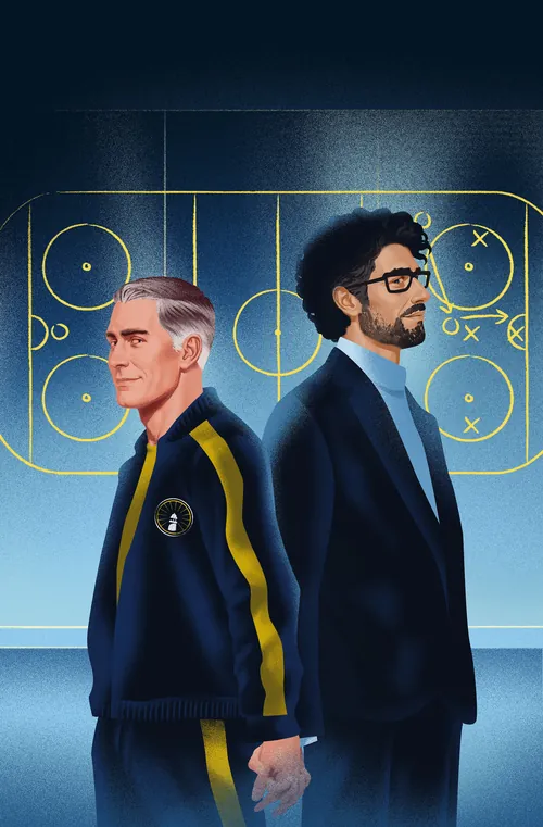 Illustration by Andrei Nicolescu showing two men before a blue geometric background