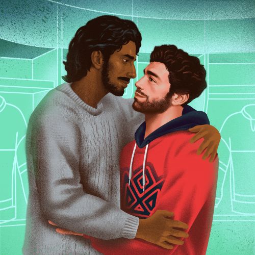 Andrei Nicolescu illustration of two men embracing on a turquoise indoor court