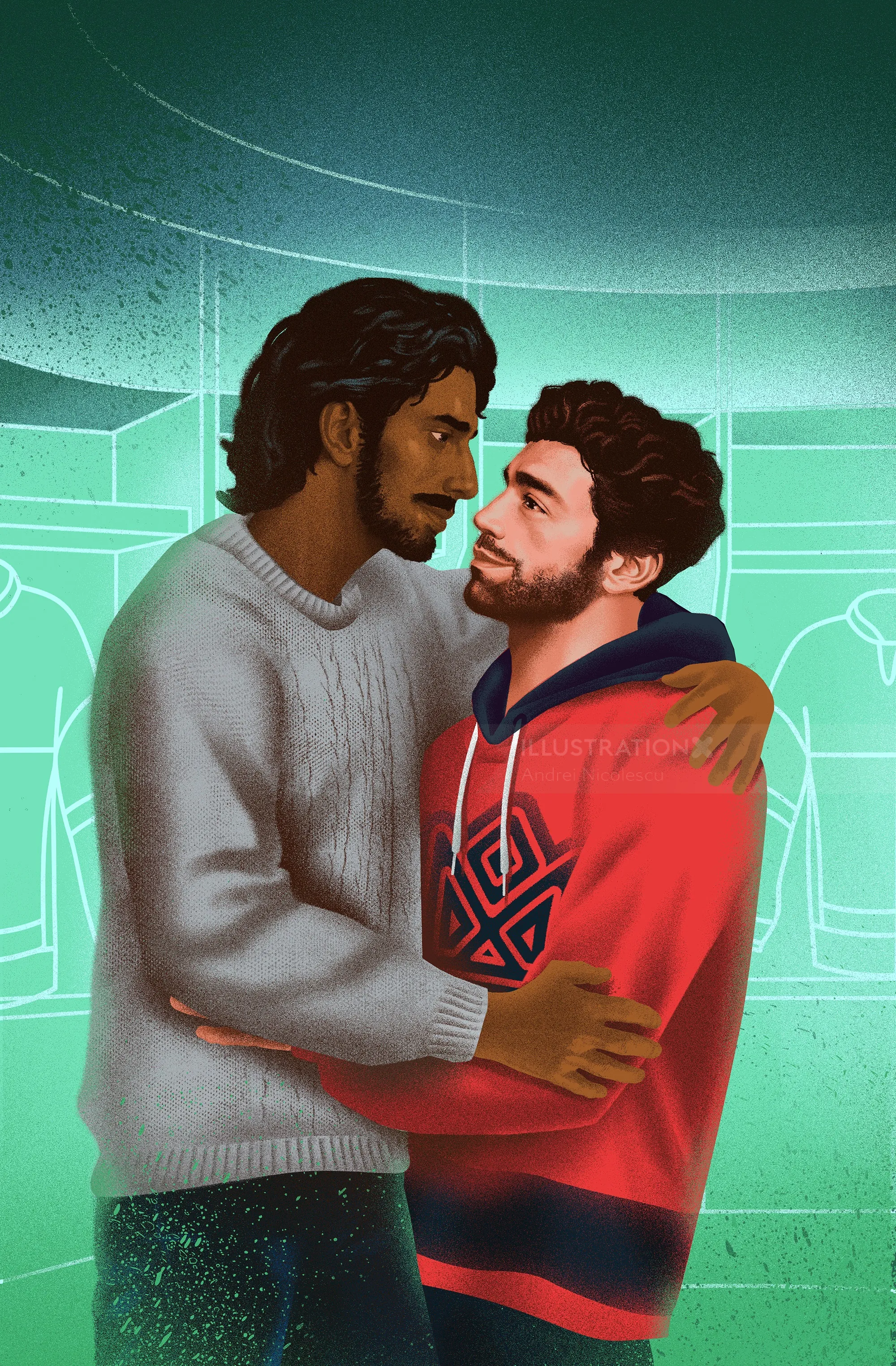 Andrei Nicolescu illustration of two men embracing on a turquoise indoor court