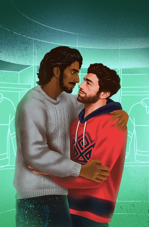 Andrei Nicolescu illustration of two men embracing on a turquoise indoor court