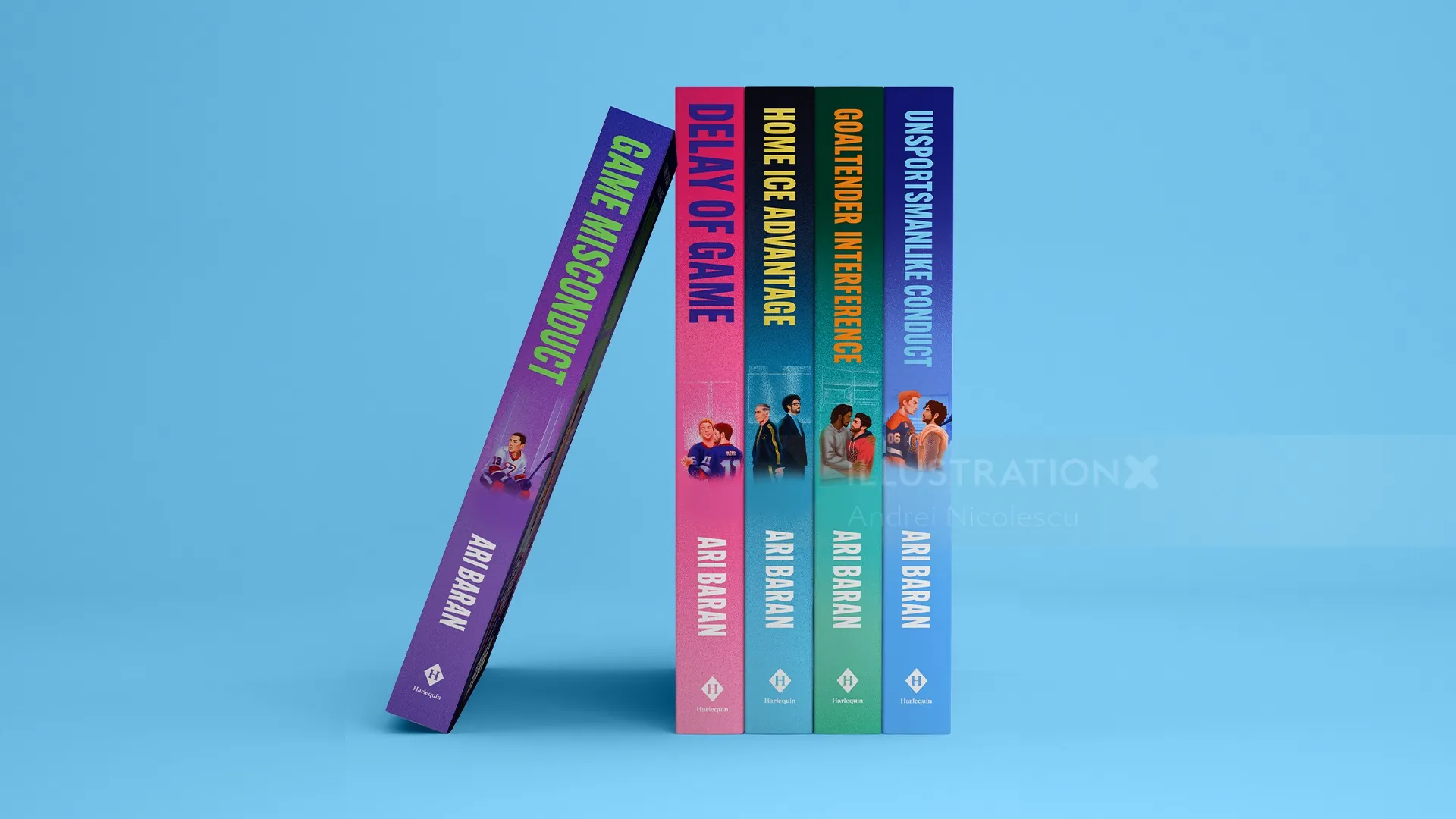 Colorful books on blue background in artwork by Andrei Nicolescu