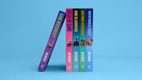 Colorful books on blue background in artwork by Andrei Nicolescu