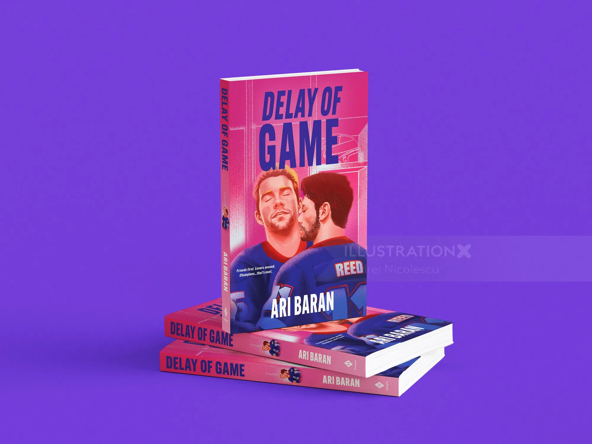 Andrei Nicolescu artwork showing stacked Delay of Game books against a purple background.