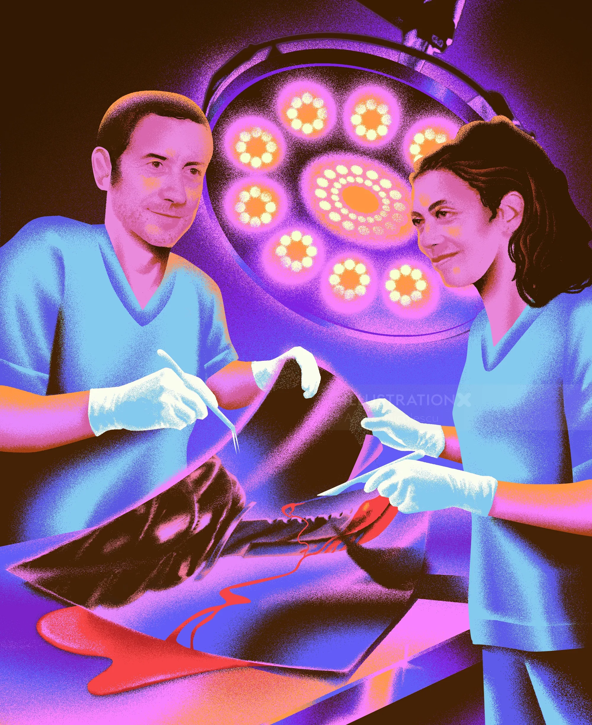 Andrei Nicolescu illustration of two surgeons operating on a fish