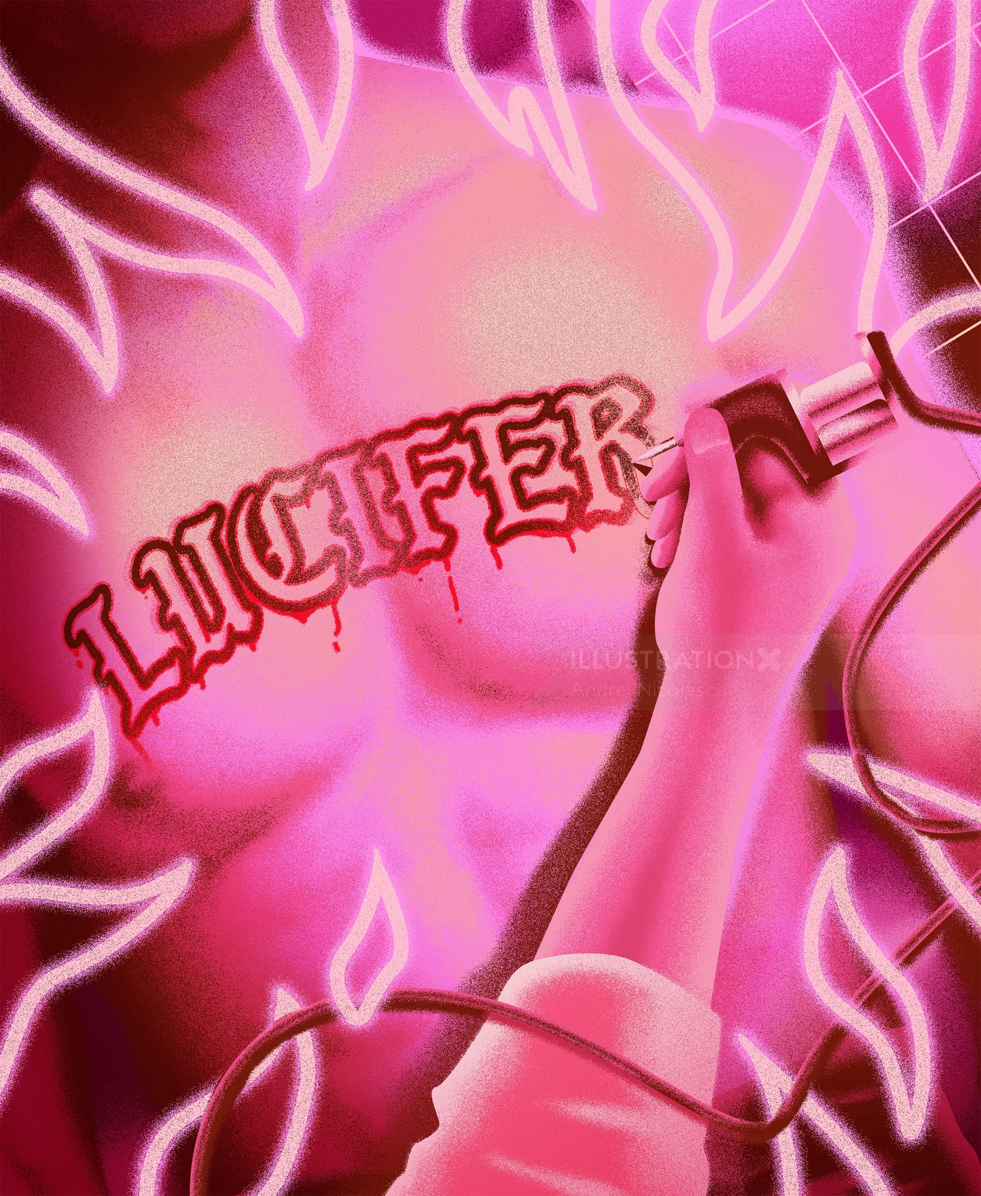 Andrei Nicolescu artwork showing a reclining figure beneath glowing floral outlines and the word Luc