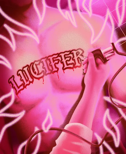 アンドレイ・ニコレスクの作品。光り輝く花の輪郭の下に横たわる人物と「Luc」という文字が描かれている。