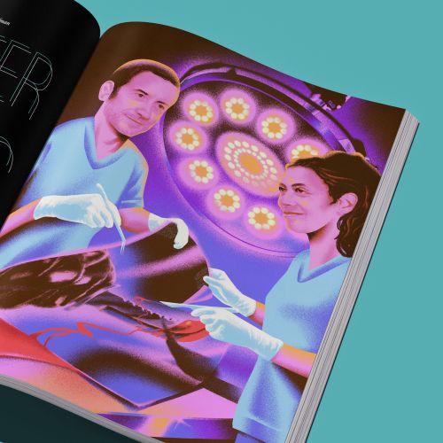 Colorful illustrated magazine spread by Andrei Nicolescu showing two people and floral patterns.