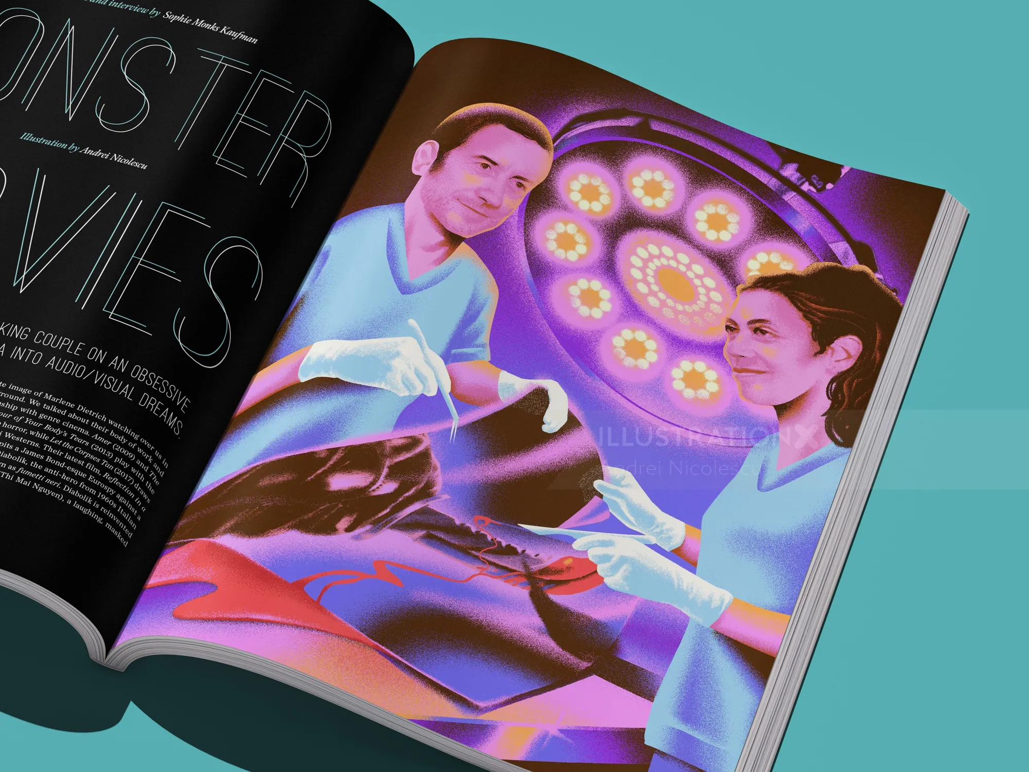 Colorful illustrated magazine spread by Andrei Nicolescu showing two people and floral patterns.
