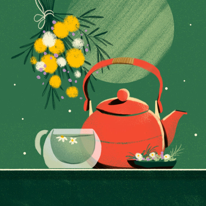 Contemporary illustration of teapot with cup