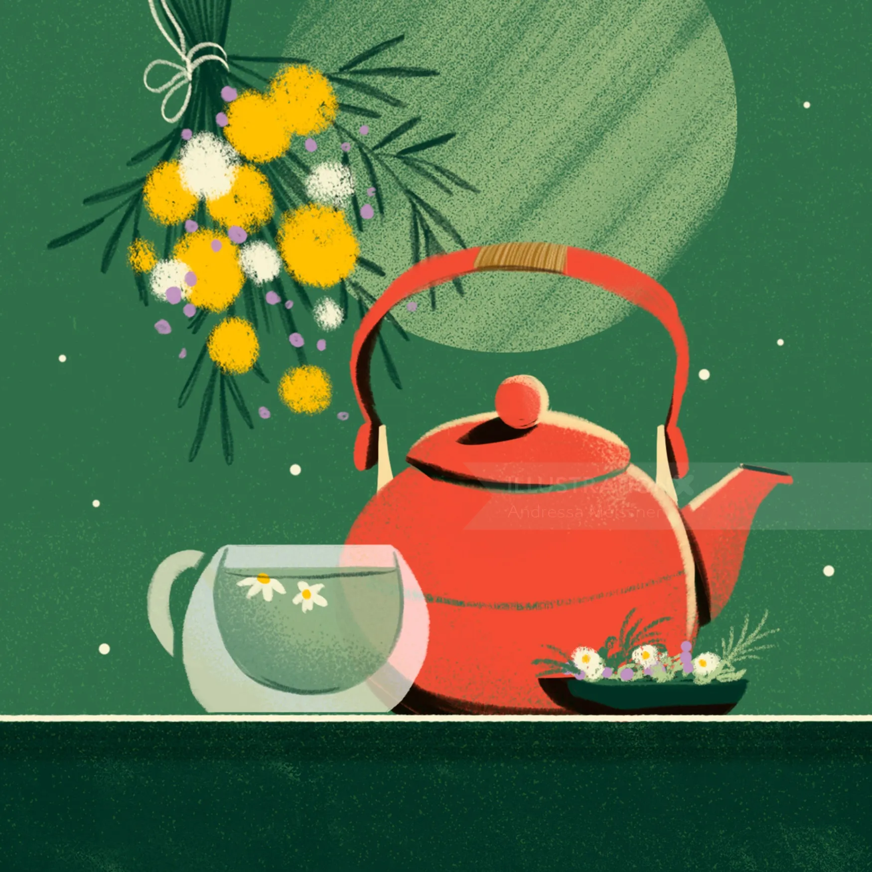 Contemporary illustration of teapot with cup
