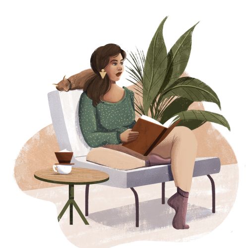 Woman sitting on chair reading a book with coffee and plant by Andressa Meissner