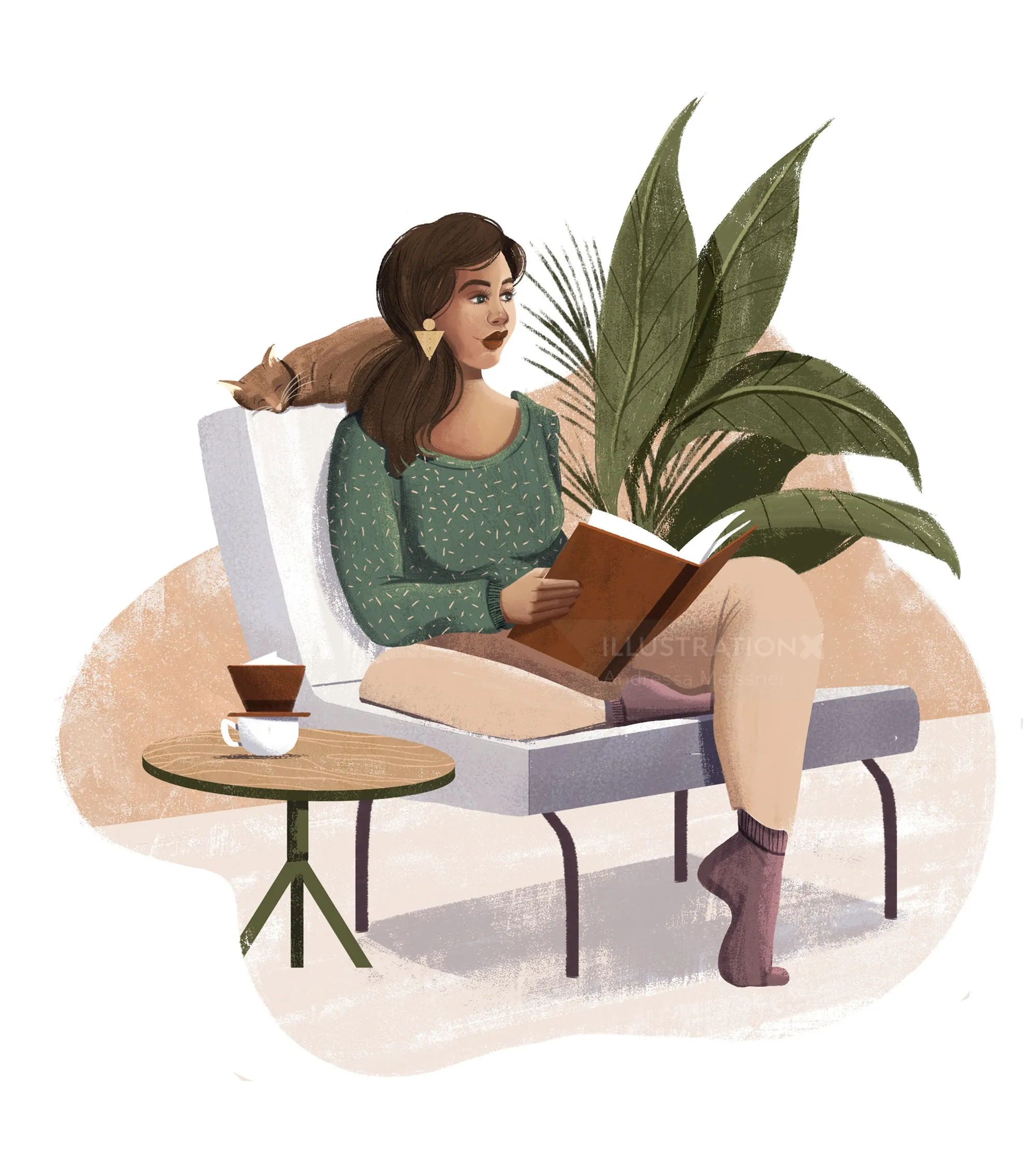 Woman sitting on chair reading a book with coffee and plant by Andressa Meissner