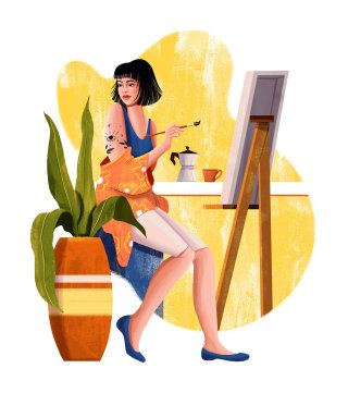 Chica de moda pintando en vivo para el sitio web de Grão Gourmet 