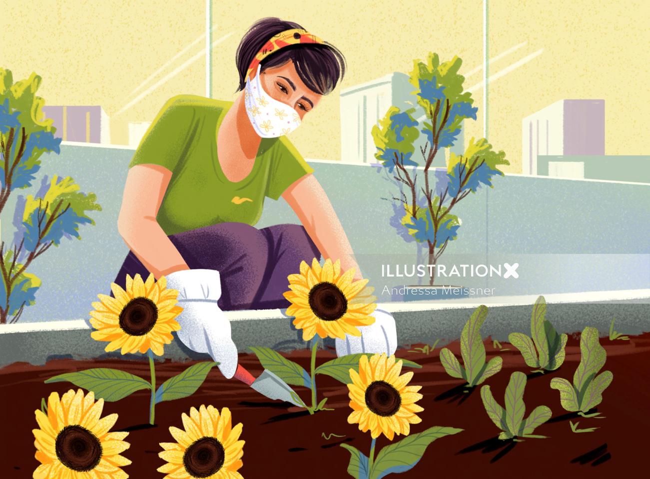Woman planting sunflower seeds during the Corona Pandemic 