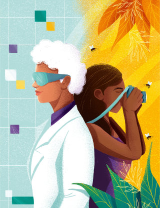 Ilustración editorial de mujeres en la ciencia.