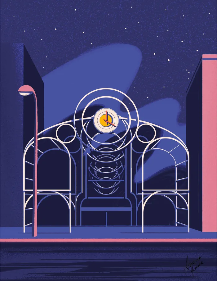 Nighttime cityscape showing a lit clock tower and lamppost by Andressa Meissner