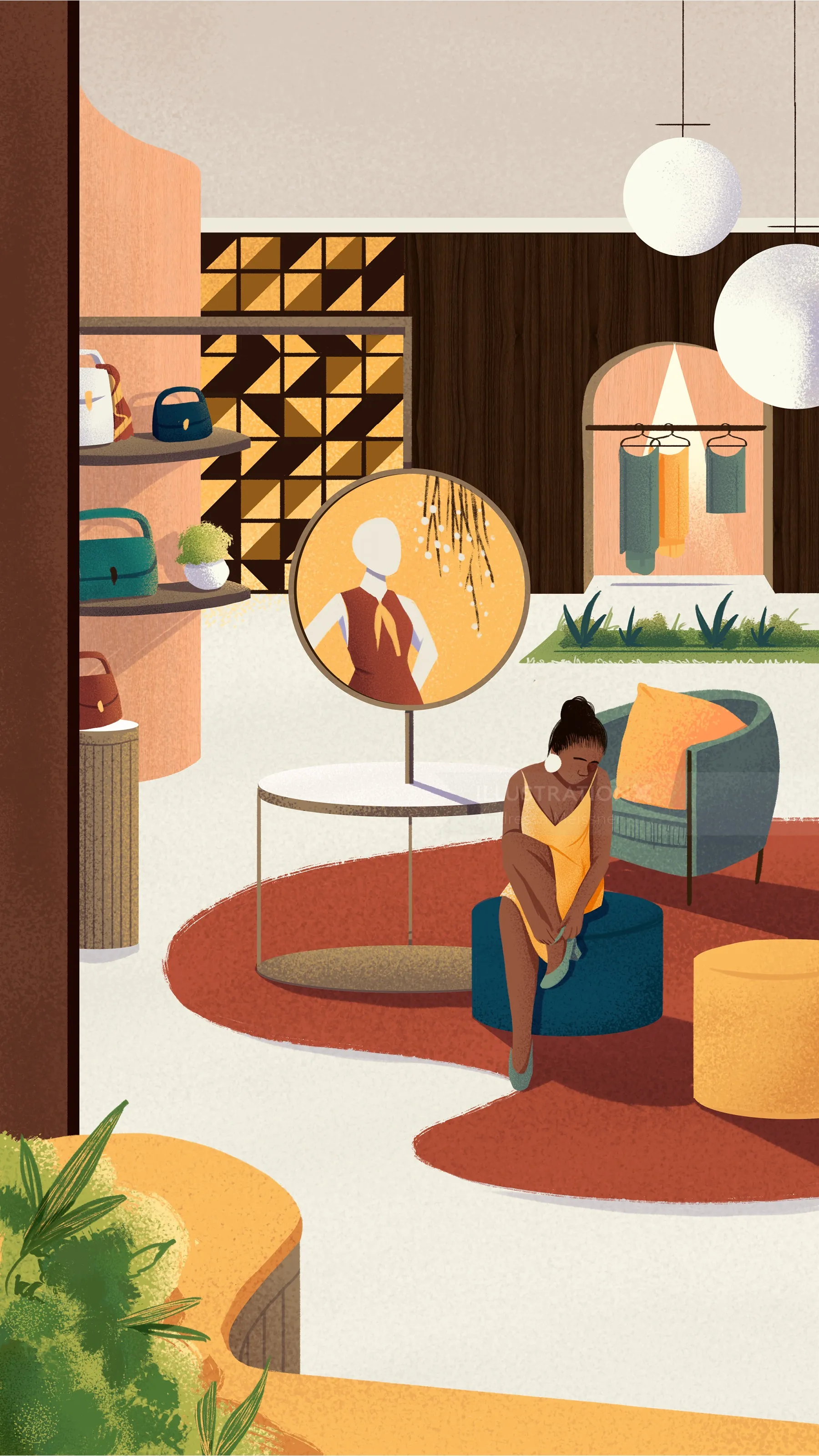 Illustration of a modern cozy living room with two people and warm decor by Andressa Meissner